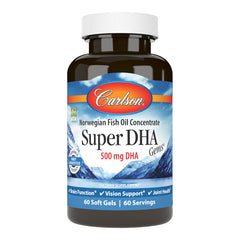 Carlson Super DHA Gems bottle emphasizes a trusted omega-3 source for daily use.