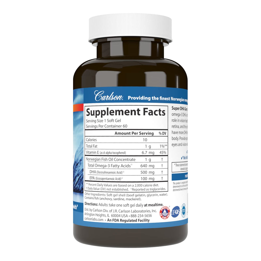 Carlson Super DHA Gems softgel close-up highlights easy swallowing and convenience.
