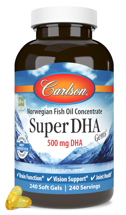 Carlson Super DHA Gems pack shot showing easy daily softgels for omega-3 intake