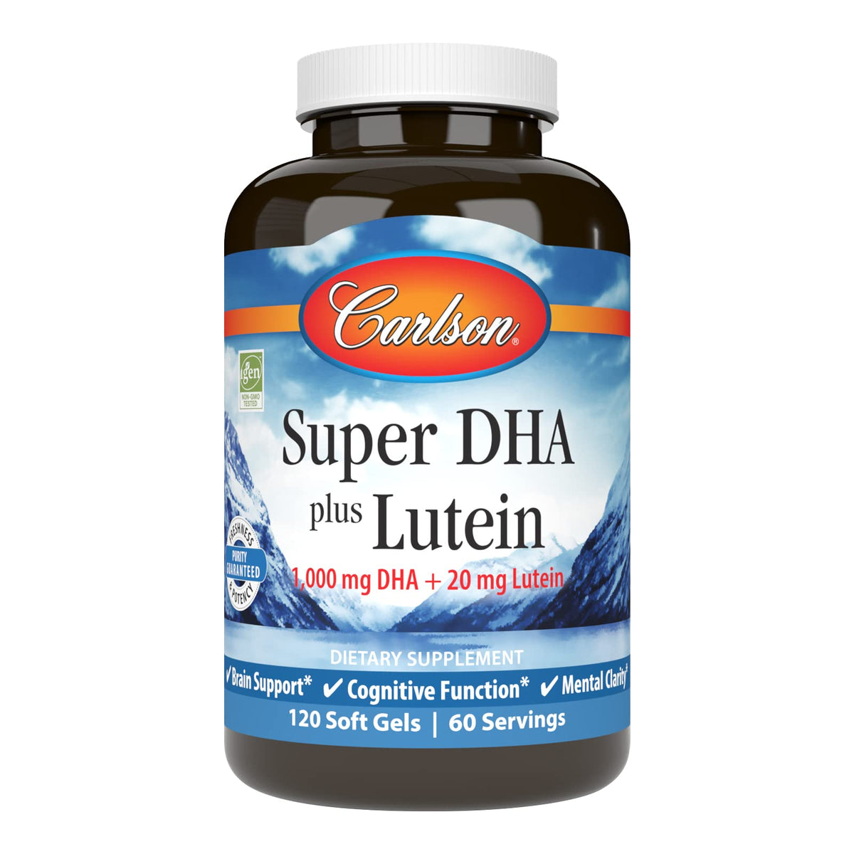 Carlson Super DHA Plus Lutein bottle front showing balanced omega-3 and lutein blend for daily wellness.