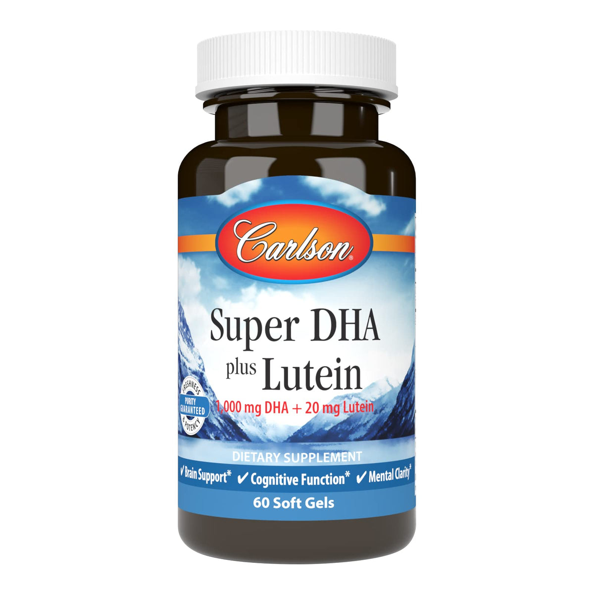 Carlson Super DHA Plus Lutein bottle front with freshness seal