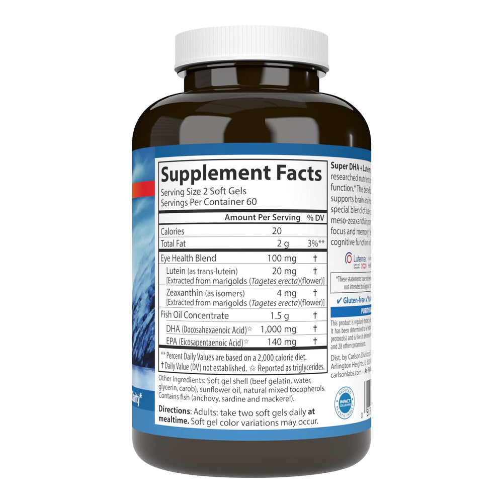 Carlson Super DHA Plus Lutein softgels closeup highlighting smooth, easy-to-swallow capsules.