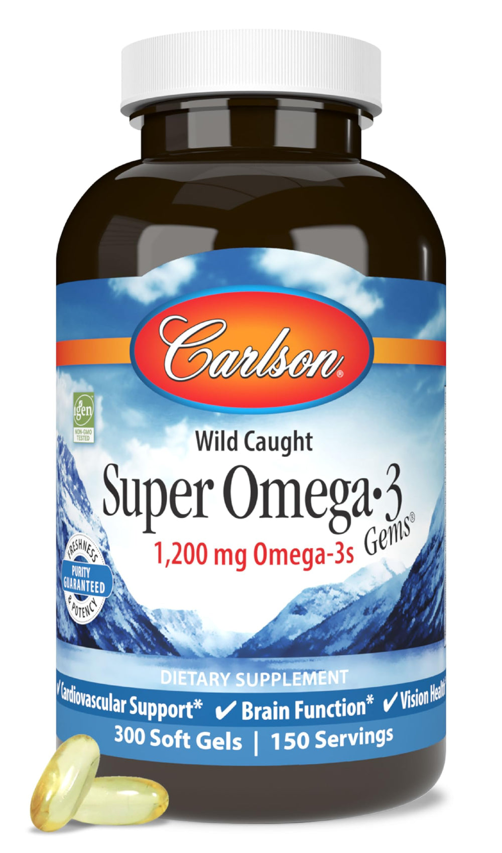 Carlson Super Omega-3 Gems bottle front showing 1200 mg per serving for heart, brain, and vision support