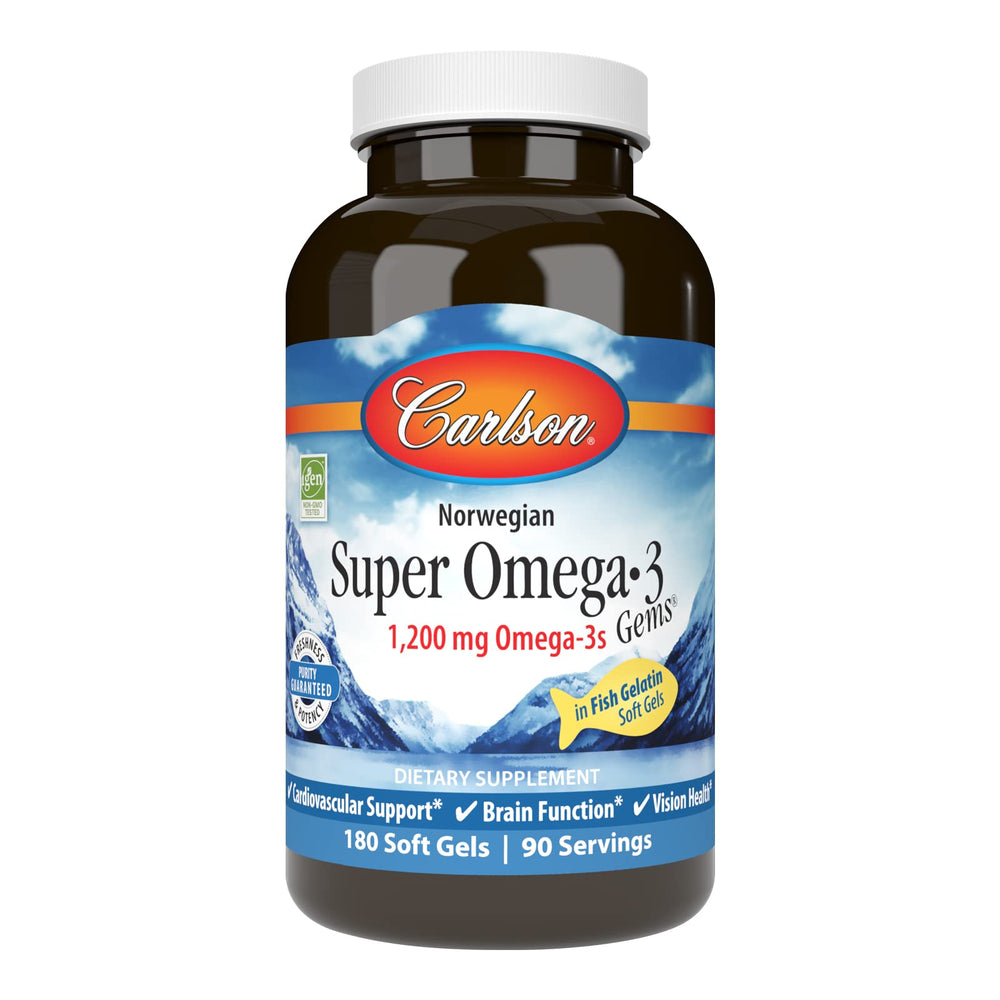 Carlson Omega-3 Gems bottle front highlighting the product for daily wellness possibilities