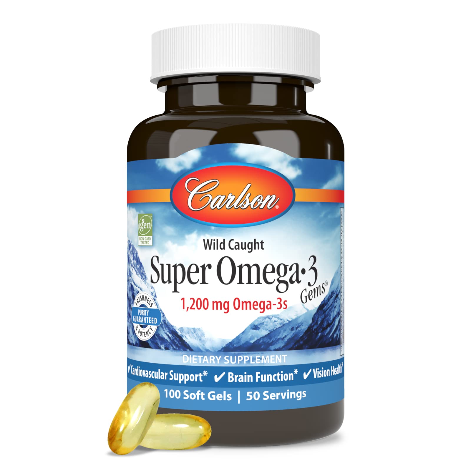 Carlson Super Omega-3 Gems bottle with label highlighting heart and brain support.