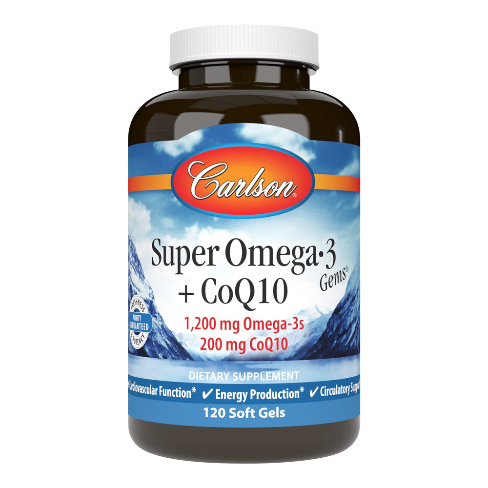 Carlson Super Omega-3 Gems with CoQ10 bottle highlighting 1,200 mg omega-3s per serving
