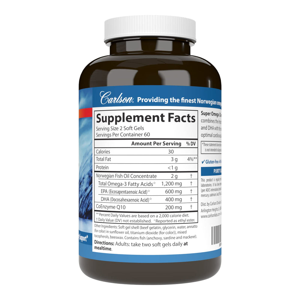Carlson Omega-3 Gems softgels close-up emphasizing CoQ10 presence for energy production potential