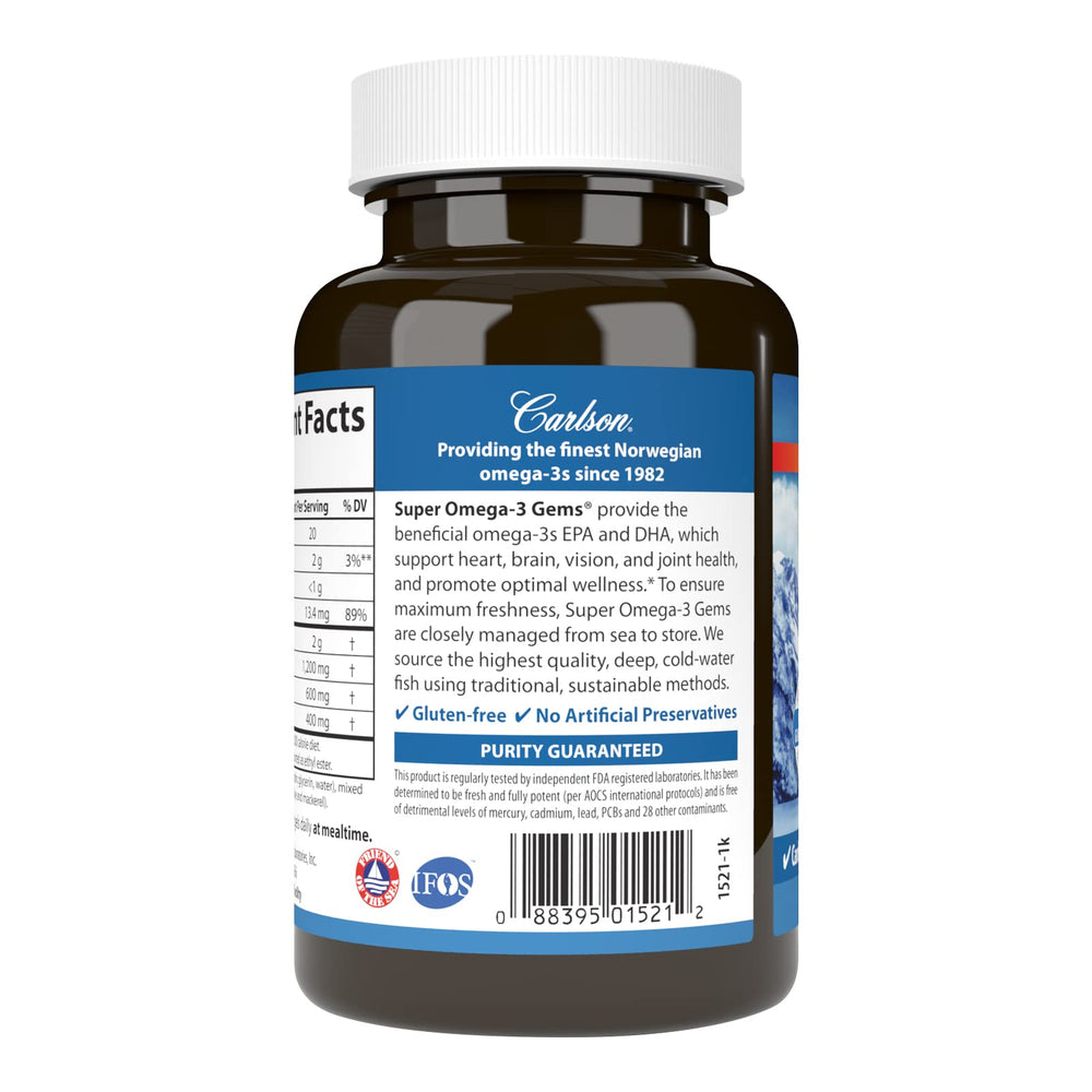 Carlson Super Omega-3 Gems bottle on table emphasizes wild-caught, sustainably sourced omega-3.