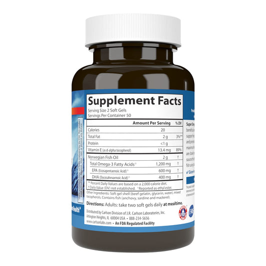Carlson Super Omega-3 Gems soft gels close-up showing easy-to-swallow capsules.