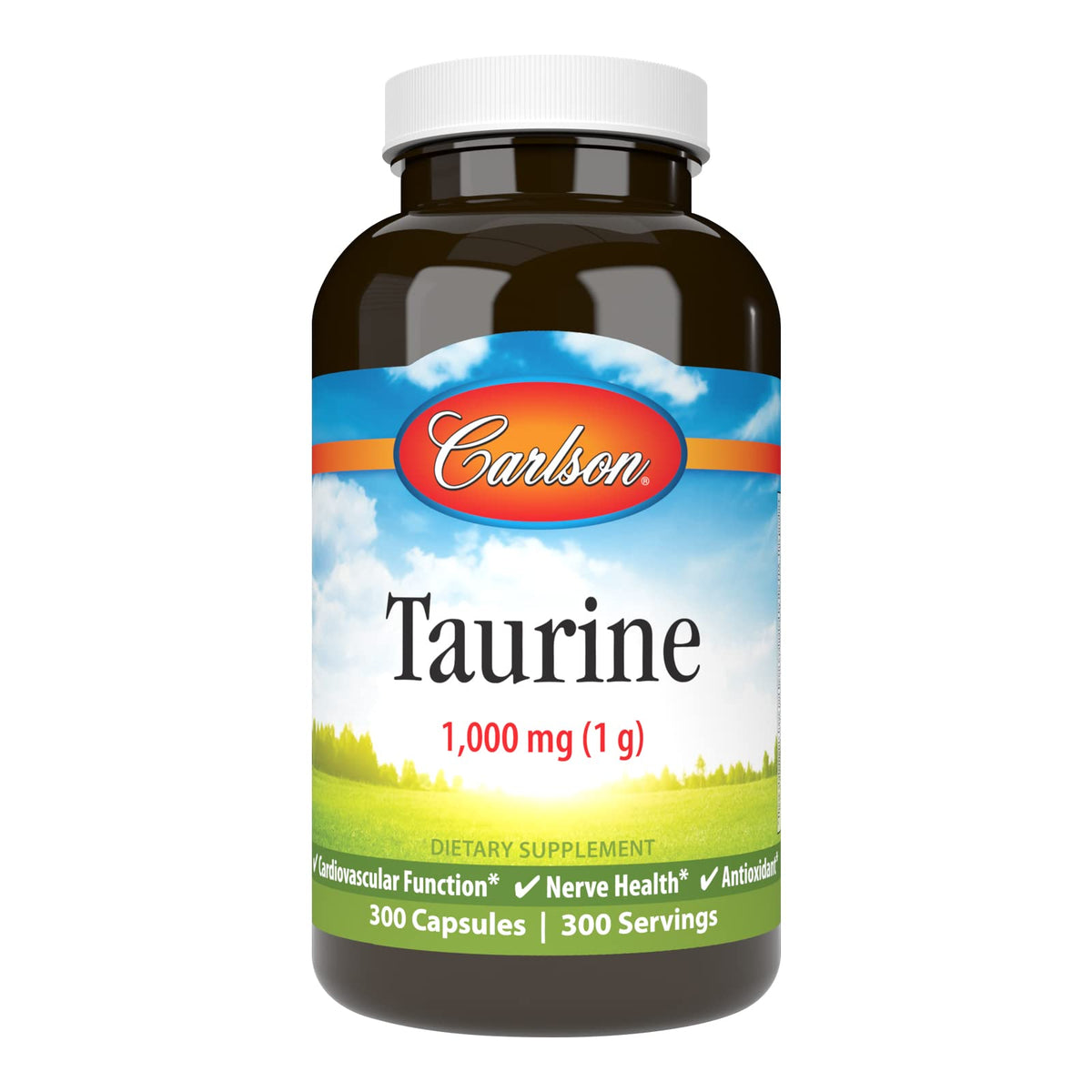 Carlson Taurine bottle front showing packaging and 1,000 mg per capsule for daily nerve support.