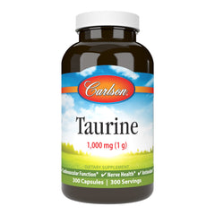 Carlson Taurine bottle front showing packaging and 1,000 mg per capsule for daily nerve support.