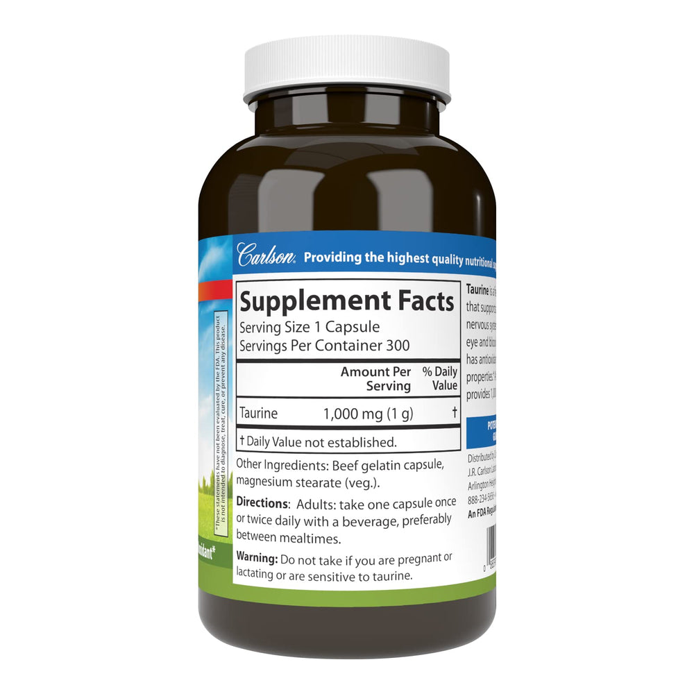 Carlson Taurine bottle label close-up highlighting dosage and nervous system support.