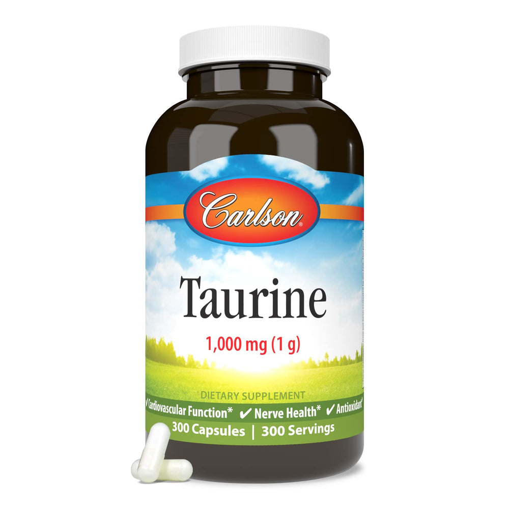 Carlson Taurine bottle side view highlights potency and quality guarantee.