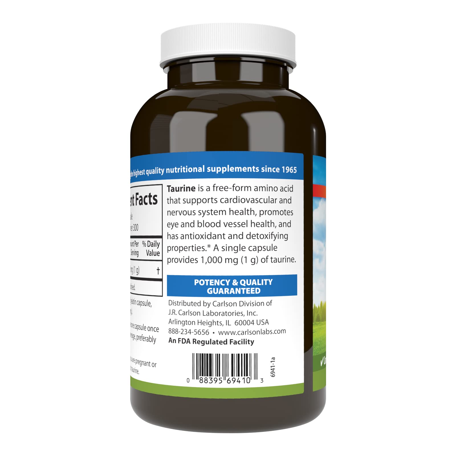 Carlson Taurine capsules close-up showing 1 g per dose for nerve health.
