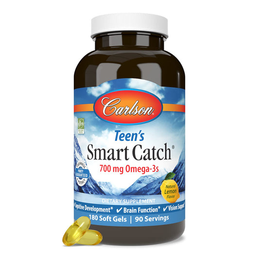 Carlson Teen's Smart Catch lemon bottle open showing omega-3 softgels for daily support.