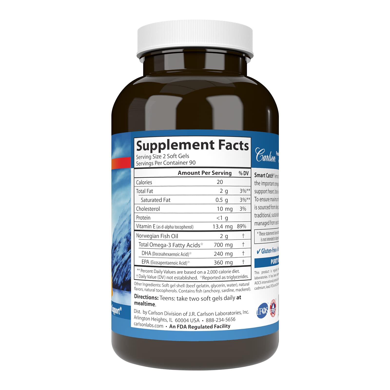 Carlson Teen's Smart Catch lemon softgels close-up highlighting 700 mg omega-3s per serving.