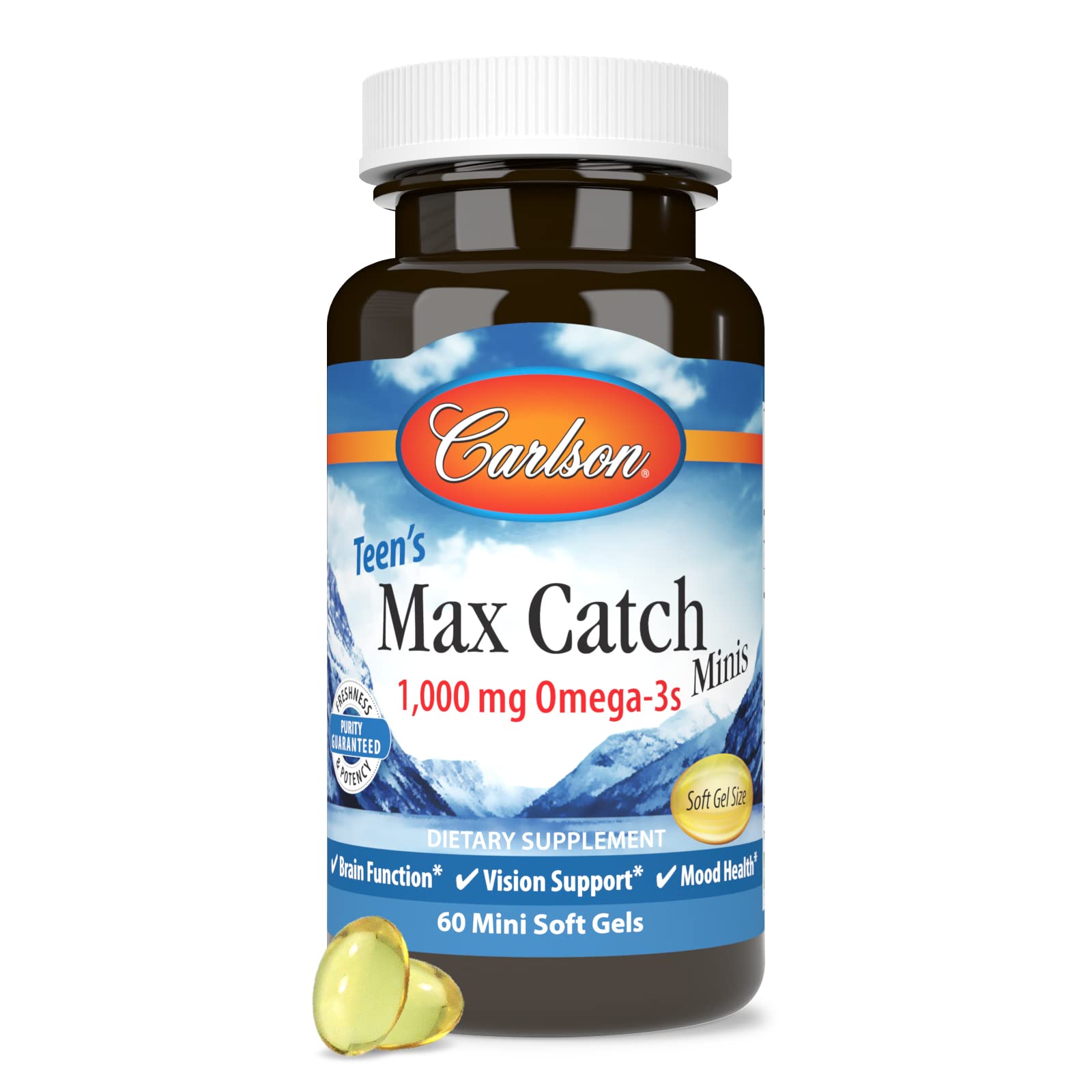 Carlson Teens Max Catch Minis bottle with easy-to-swallow omega-3 soft gels