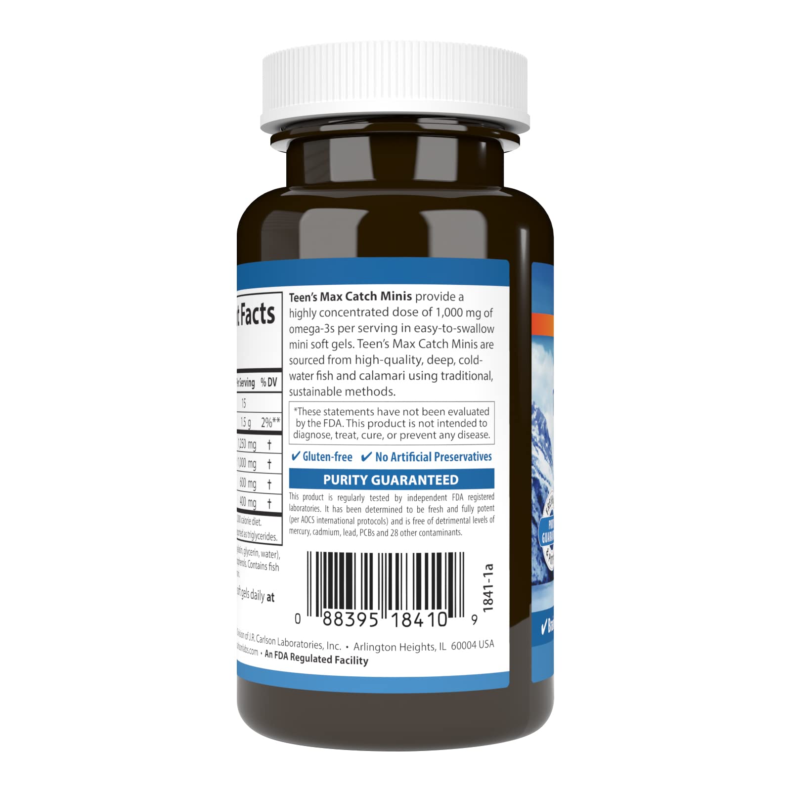 Carlson Teens Max Catch Minis label highlights 1000 mg per serving