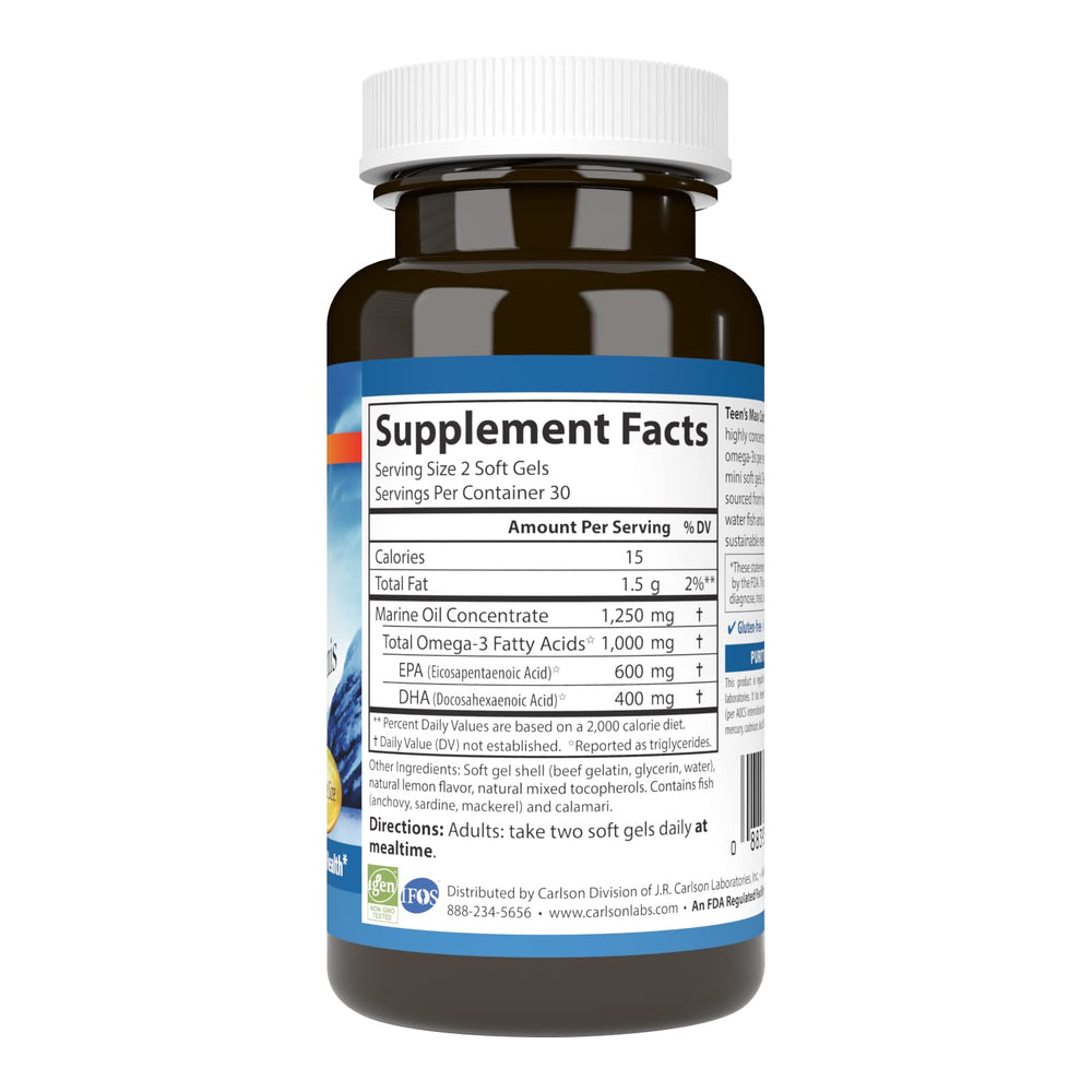 Carlson Teens Max Catch Minis softgels arranged for quick swallowing