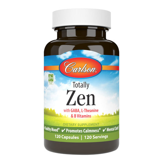 Carlson Totally Zen bottle cap close-up, hinting at a daily calming routine.