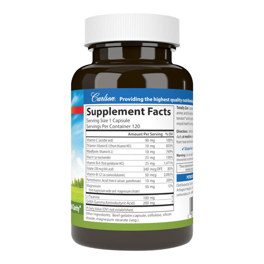 Carlson Totally Zen capsules close-up highlighting the calming blend for daily use.