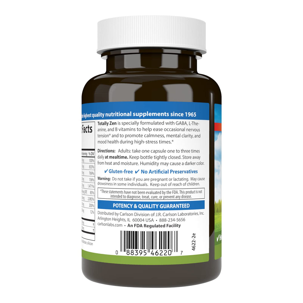 Carlson Totally Zen label front emphasizes trusted ingredients for informed choice.