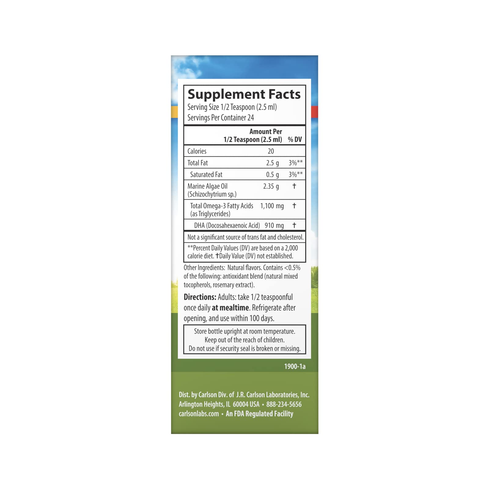 Carlson Vegetarian DHA spoon-dosed serving showing 910 mg DHA