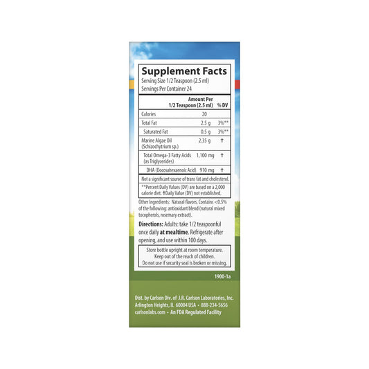 Carlson Vegetarian DHA spoon-dosed serving showing 910 mg DHA