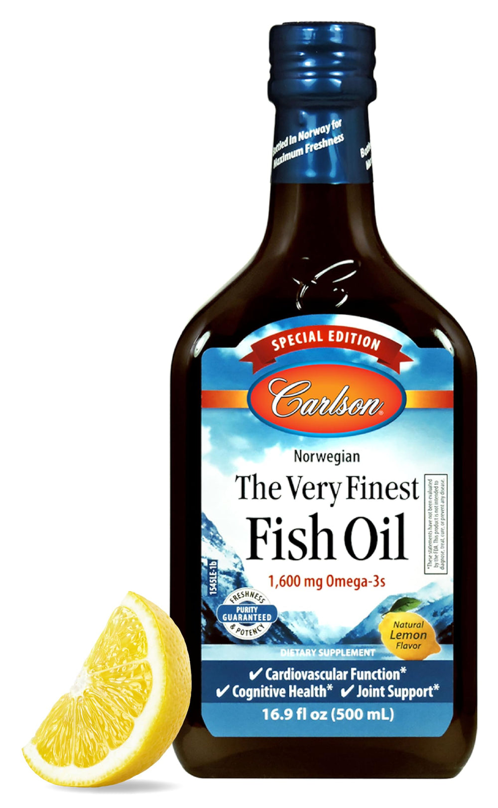 Carlson The Very Finest Fish Oil lemon bottle for daily omega-3 support.