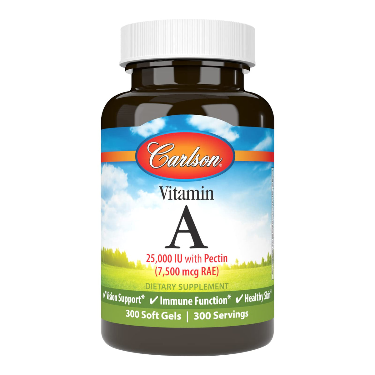 Carlson Vitamin A 25,000 IU softgels in bottle for daily vision and skin support.