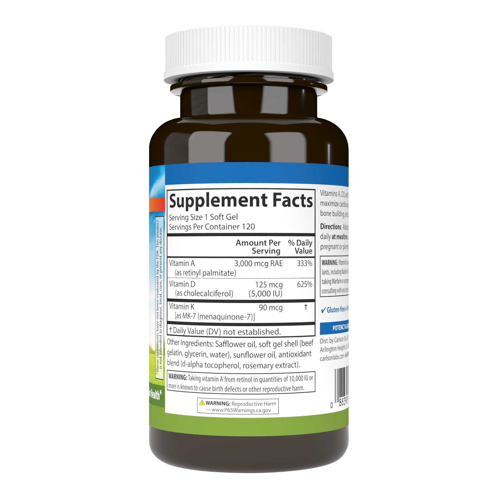 Close-up of Carlson A D3 K2 label showing potency and quality indicators