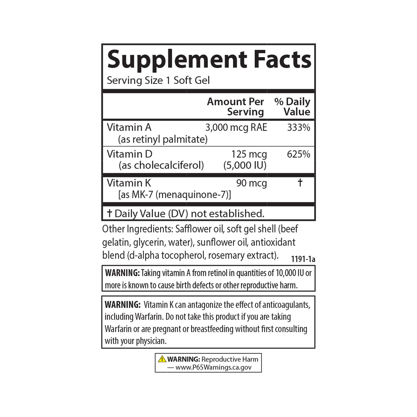 FDA-registered potency seal on Carlson A D3 K2 packaging signals quality