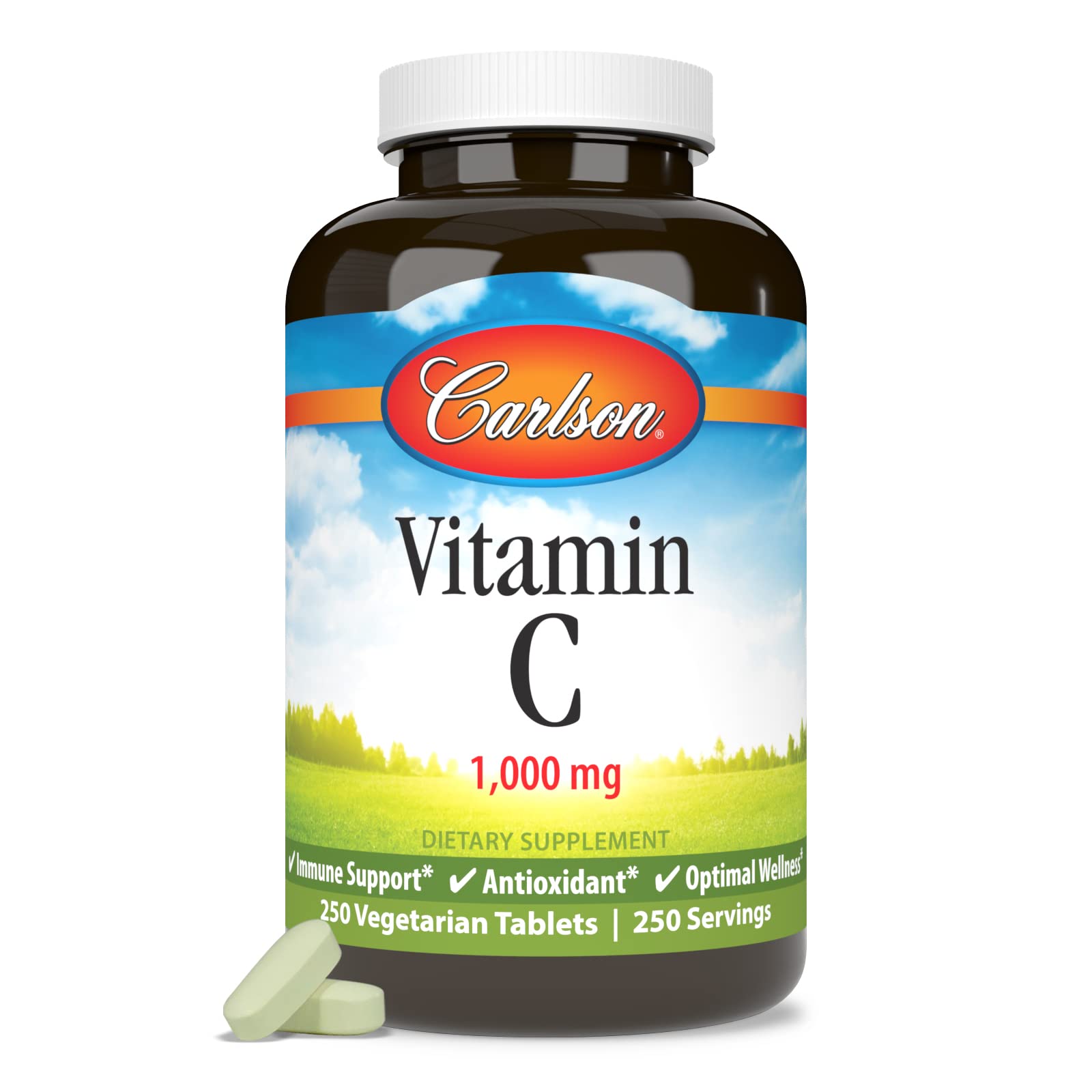 Carlson Vitamin C bottle on table for daily supplement routine