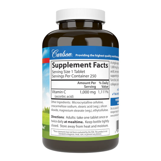 Carlson Vitamin C 1000 mg tablet close-up showing pure ascorbic acid form