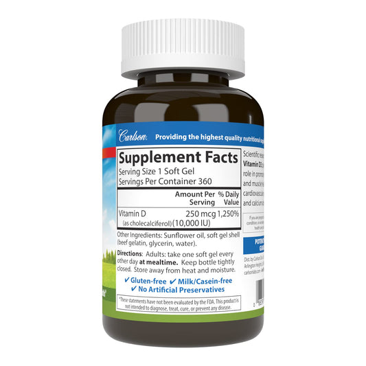 Carlson Vitamin D3 capsules close-up highlighting high potency for immune health