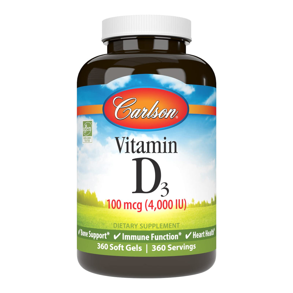 Carlson Vitamin D3 softgels bottle for daily bone and immune support.