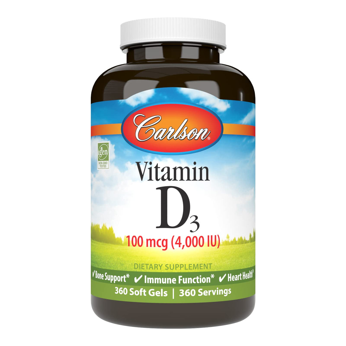 Carlson Vitamin D3 softgels bottle for daily bone and immune support.