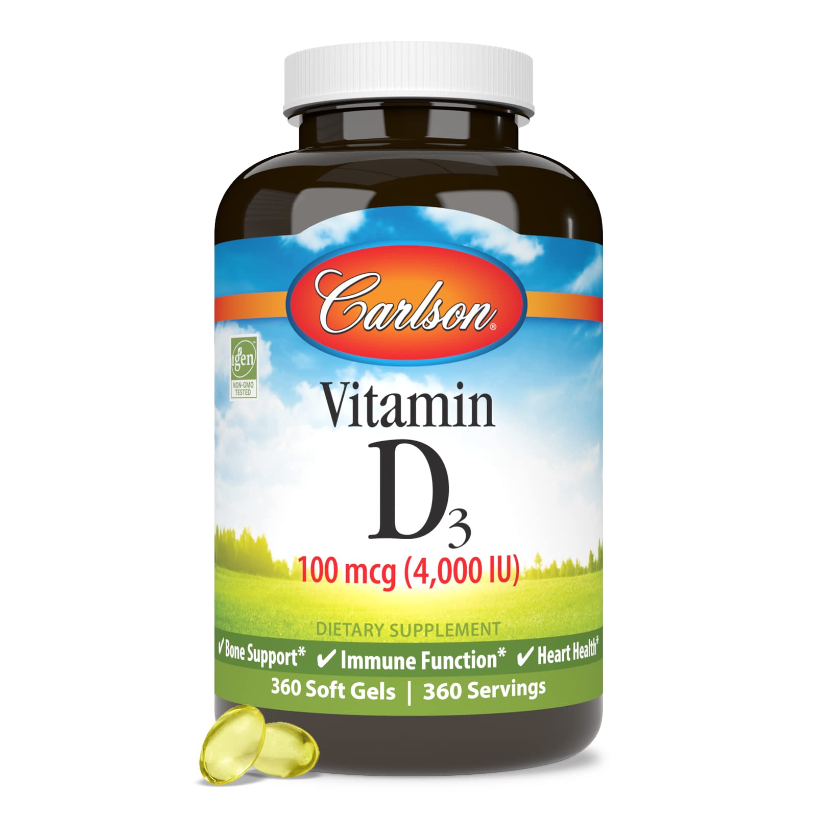 Carlson Vitamin D3 packaging on desk communicates trusted daily supplementation.