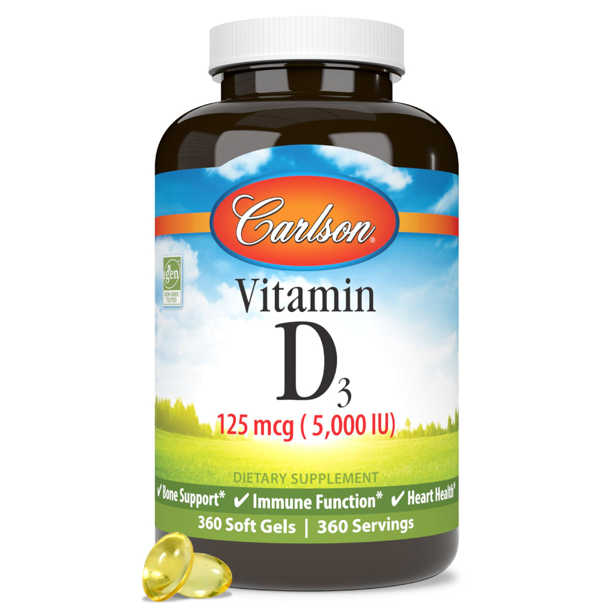 Carlson Vitamin D3 softgel bottle for daily bone support
