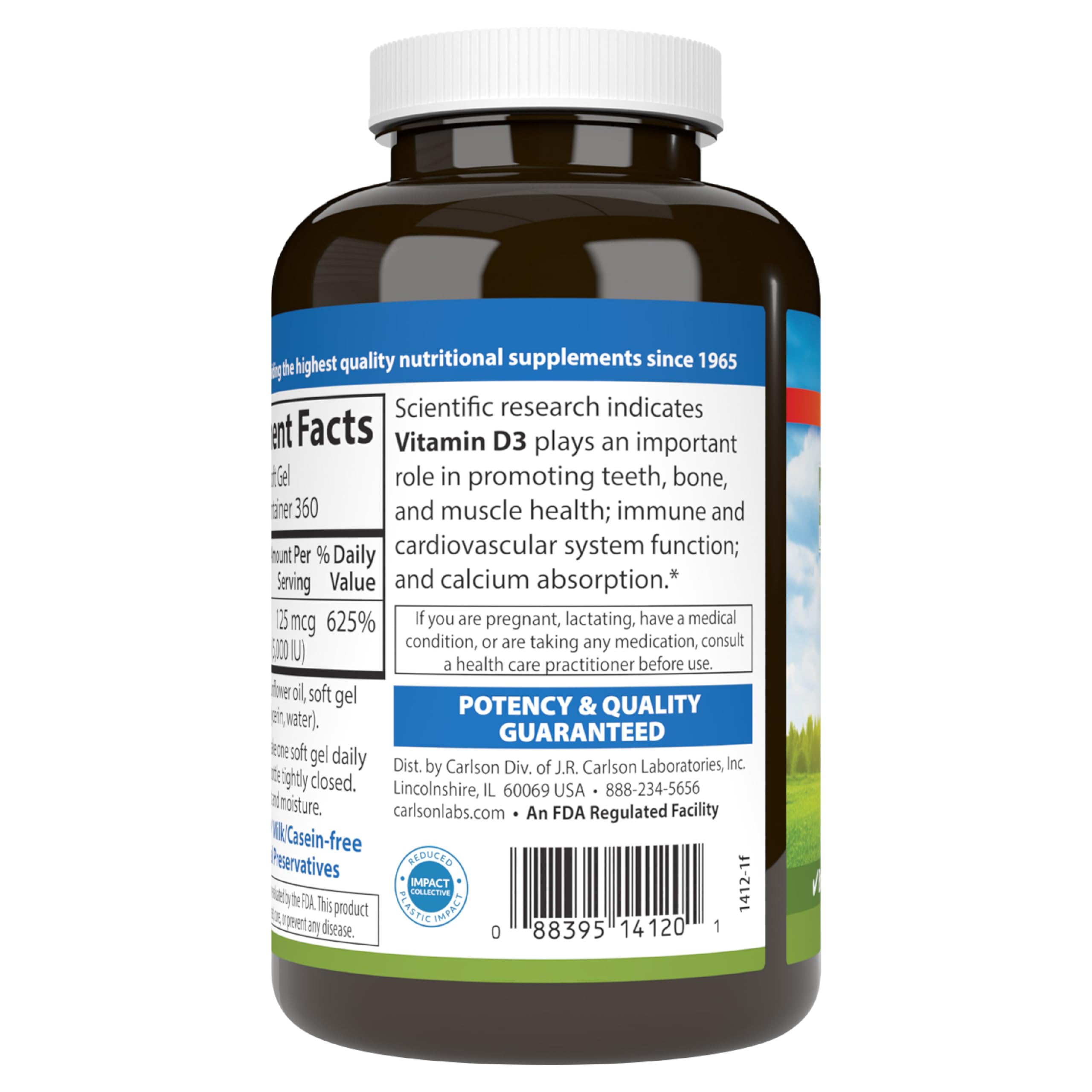 Carlson Vitamin D3 5000 IU bottle in a wellness setup