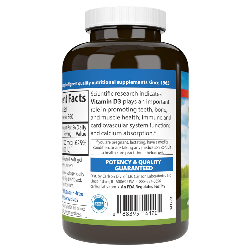 Carlson Vitamin D3 5000 IU bottle in a wellness setup