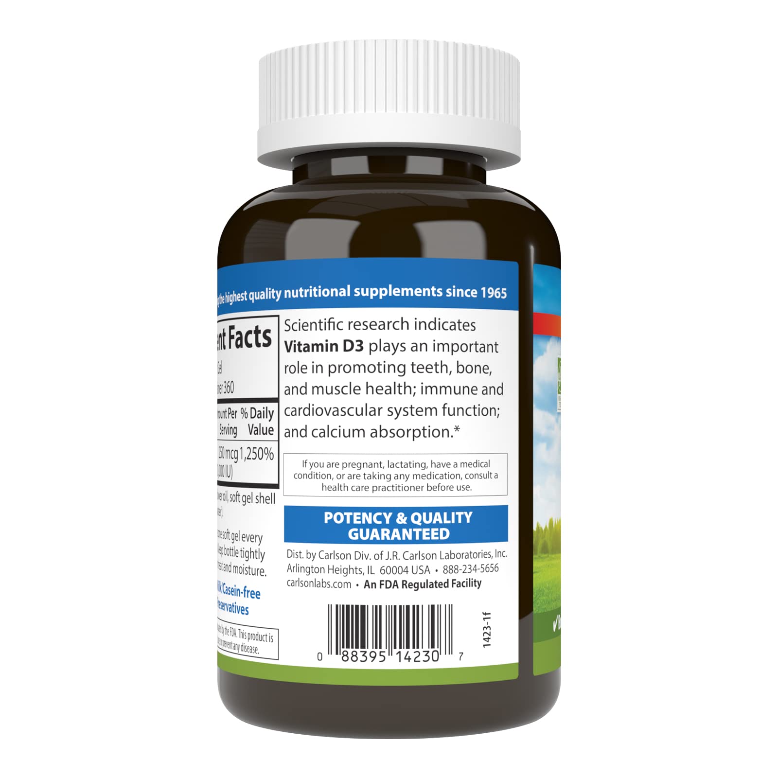 Carlson Vitamin D3 bottle on kitchen counter for easy daily use