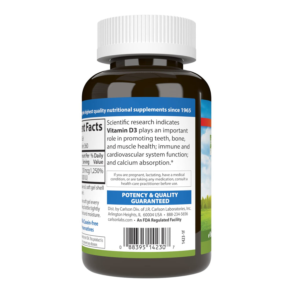Carlson Vitamin D3 bottle on kitchen counter for easy daily use