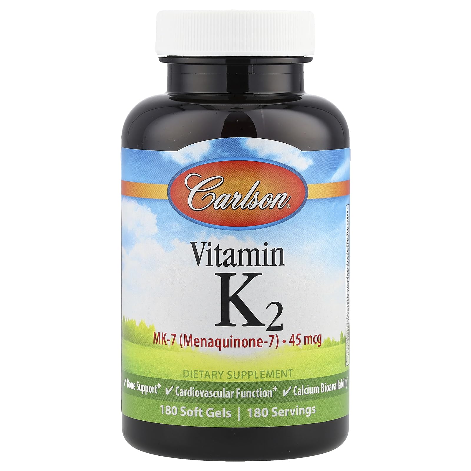 Carlson Vitamin K2-7 softgels bottle highlighting bone and heart health support