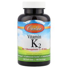 Carlson Vitamin K2-7 softgels bottle highlighting bone and heart health support
