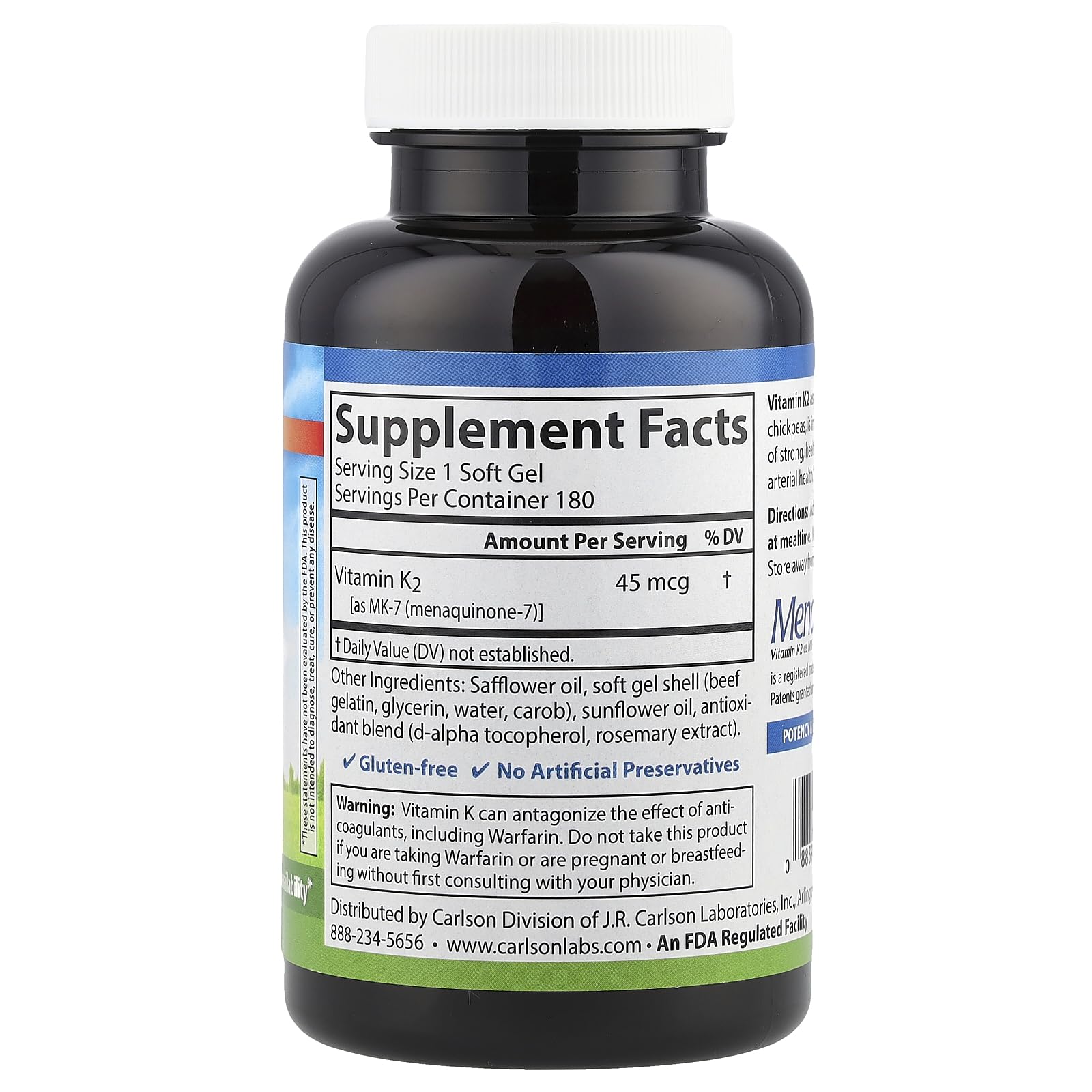 Carlson Vitamin K2-7 softgels label with clear dosage and MK-7 details