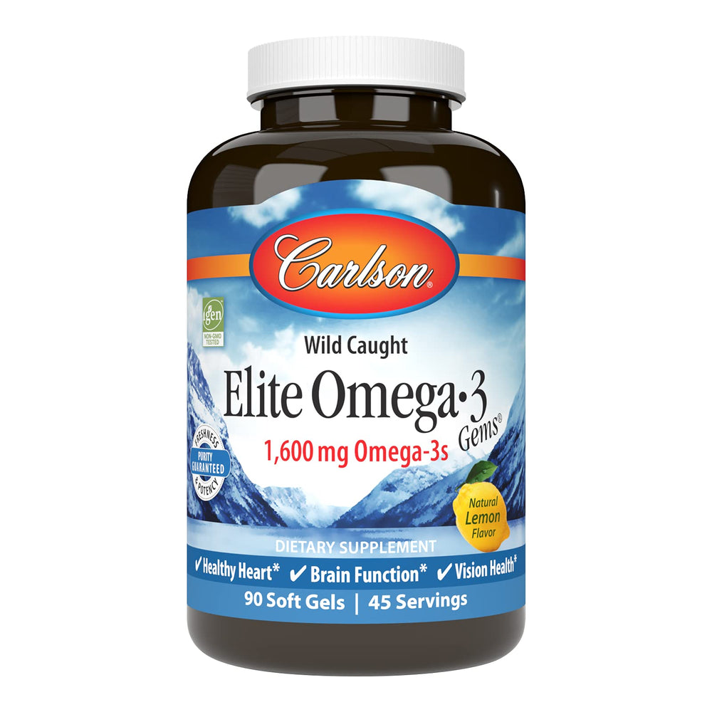 Carlson Elite Omega-3 softgel bottle with lemon flavor for daily heart and brain health support