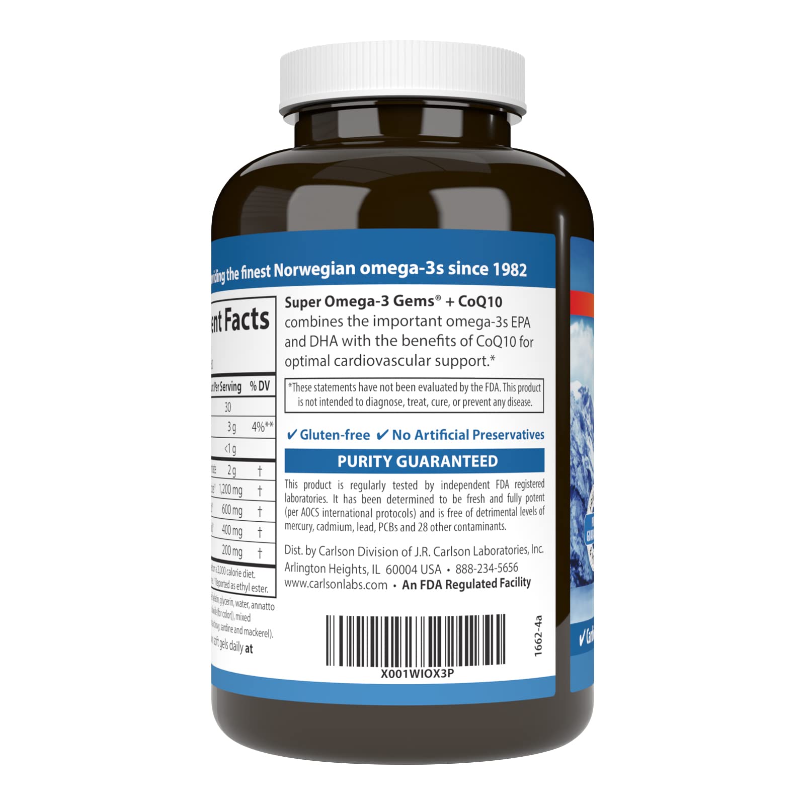 Carlson Wild-caught omega-3 fish oil bottle on shelf emphasizing sustainability