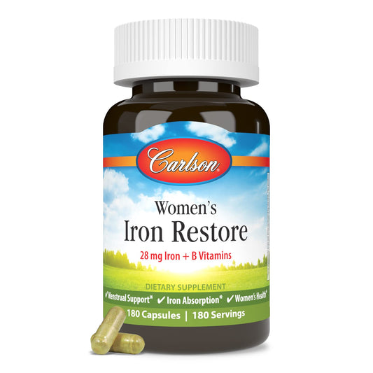 Carlson Women's Iron Restore bottle front with capsules for daily iron support