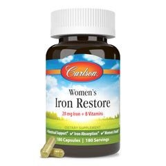 Carlson Women's Iron Restore bottle front with capsules for daily iron support